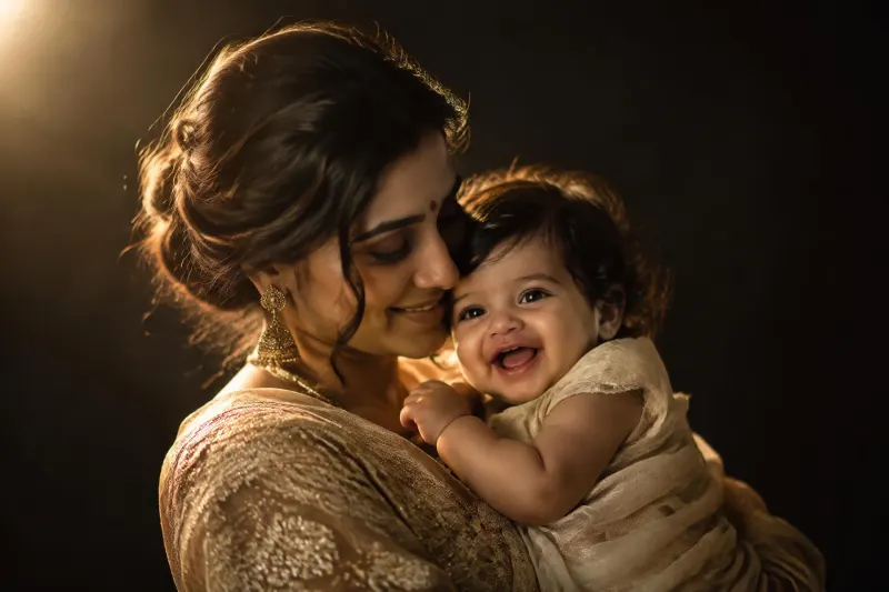 Mother holding her smiling baby in warm studio light